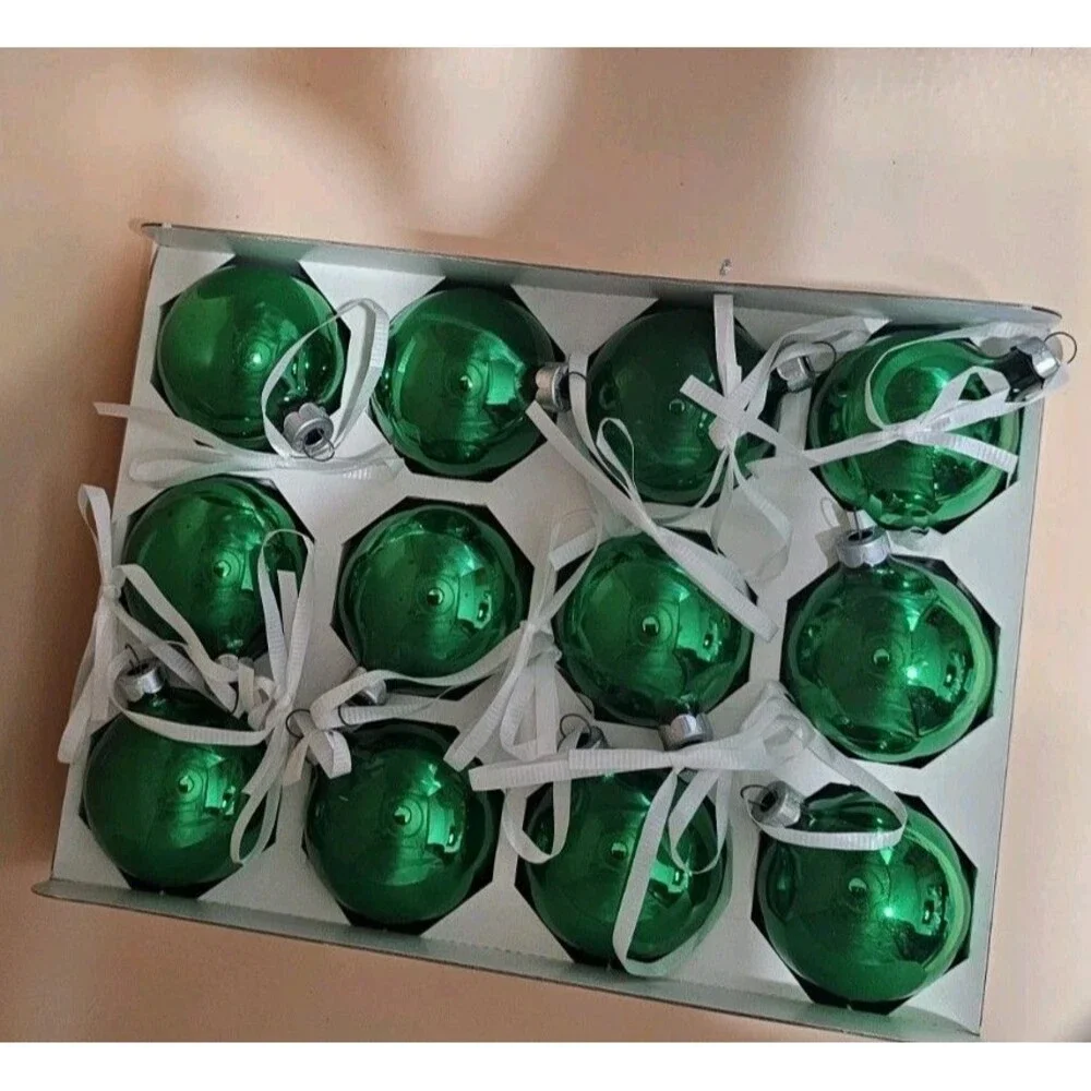 Holly Vintage Christmas Ornaments Glass Balls 12 Original Box 2.25 in Diameter